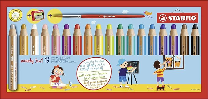 STABILO woody 3in1 - Crayon de couleur - Etui carton x 18 crayons de coloriage + taille-crayon + ... | Amazon (FR)
