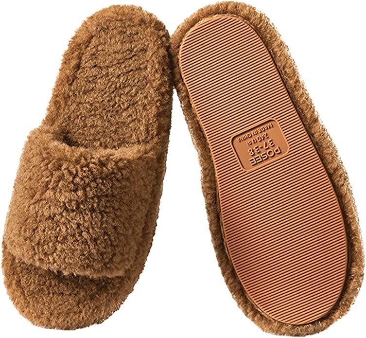 Amazon.com: POSEE Fuzzy Memory Foam Slippers for Women, Fluffy Open Toe Slippers Curly Fur Cozy F... | Amazon (US)