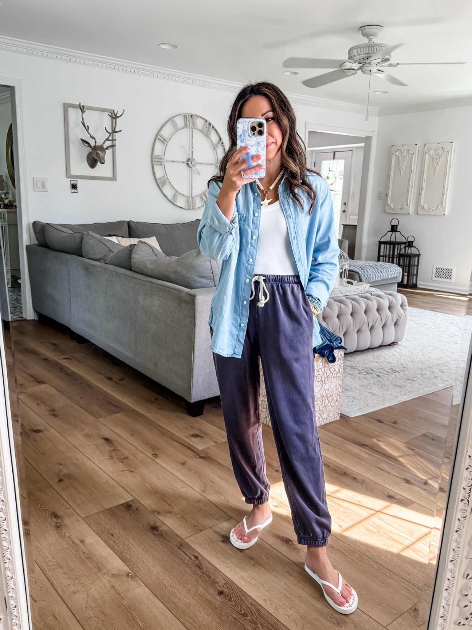 Small denim shirt. Xs petite joggers. jewelry code JUNEVIP

#LTKOver40 #LTKSaleAlert #LTKPetite