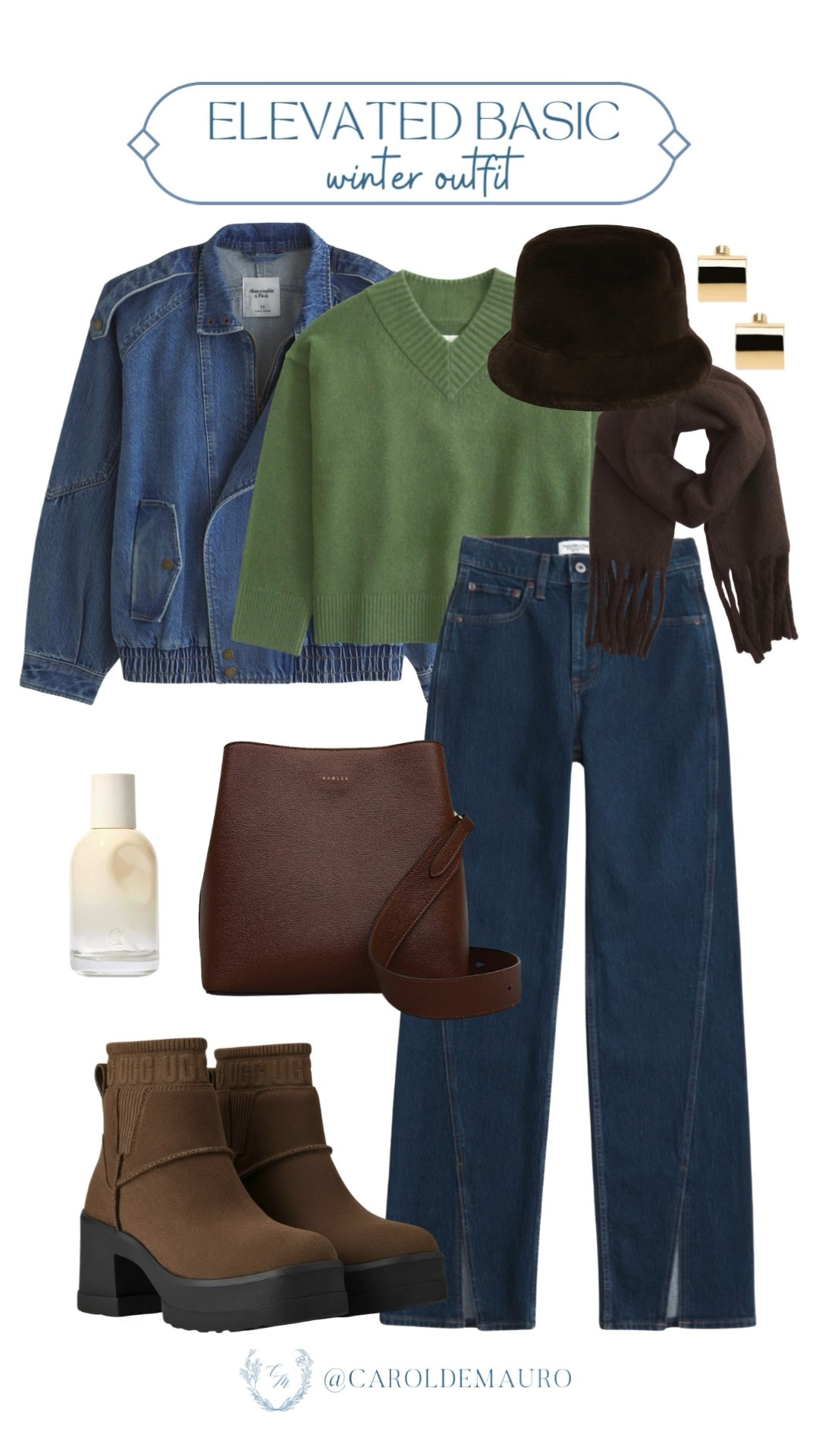 Here's an easy and stylish look layering these elevated basics! Mix and match a green v-neck sweater, fringe scarf, and furry bucket hat with classic dark wash denim and a denim bomber jacket. Complete the look with your new favorite platform boots, a brown leather crossbody, and a fresh scent.

casual chic, preppy look, street wear, winter fashion, capsule wardrobe, outfit inspo, boots season, winter accessories

#LTKFindsUnder50 #LTKU #LTKSeasonal