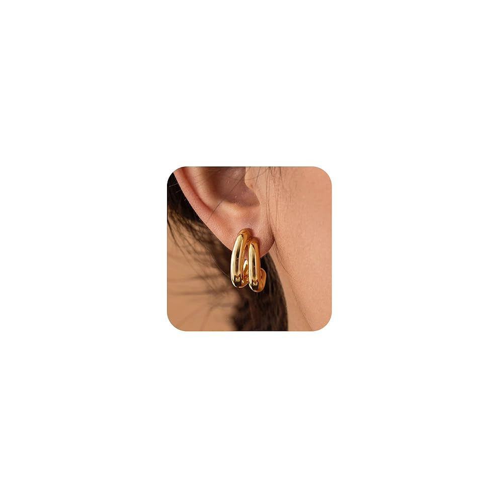 Gold Hoop Earrings for Women - Chunky Earrings 14K Gold Plated Earrings Trendy Hoops Small Thick ... | Amazon (US)