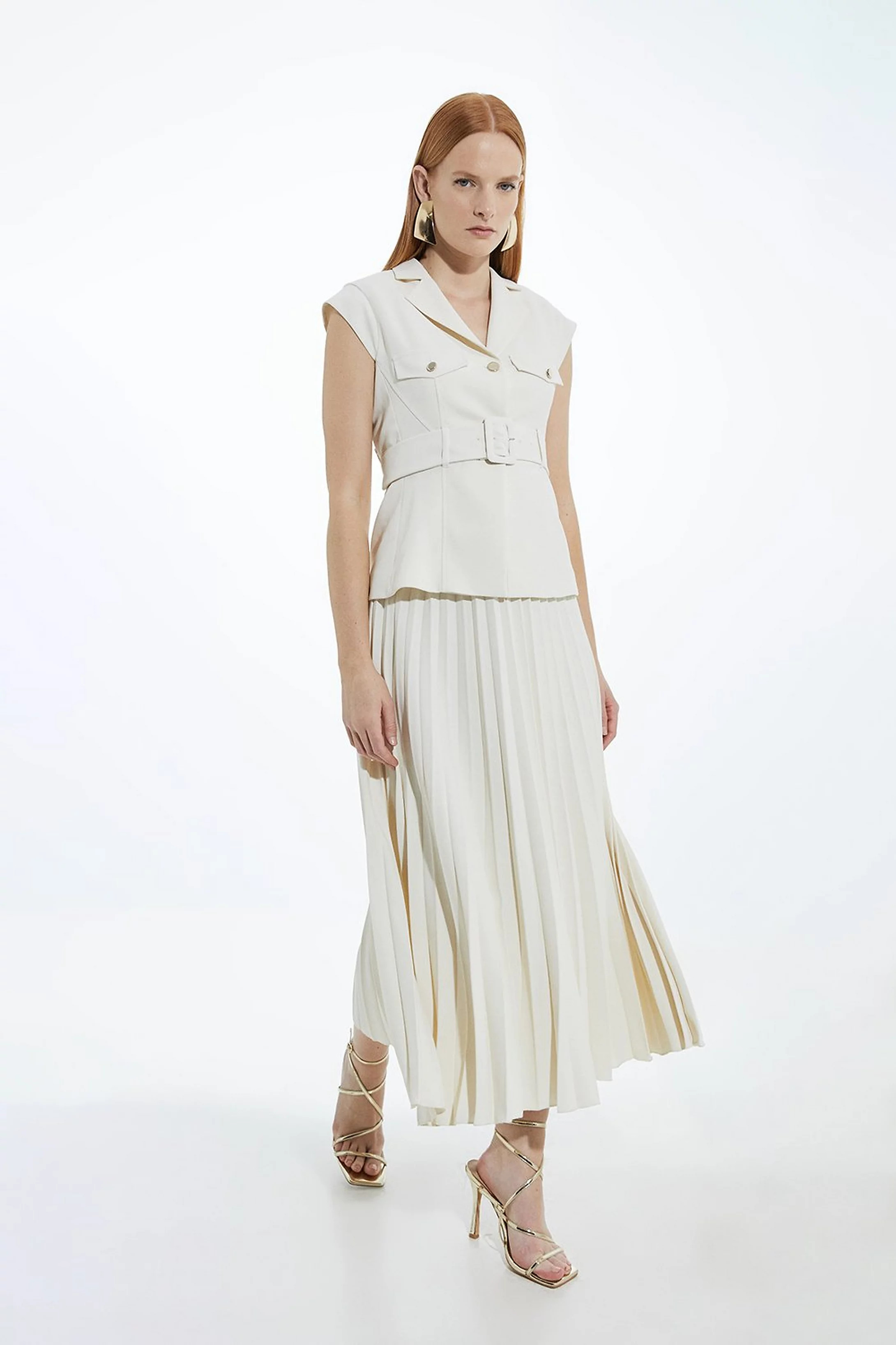 Soft Tailored Crepe Belted Pleated Midi Dress | Karen Millen | Karen Millen US