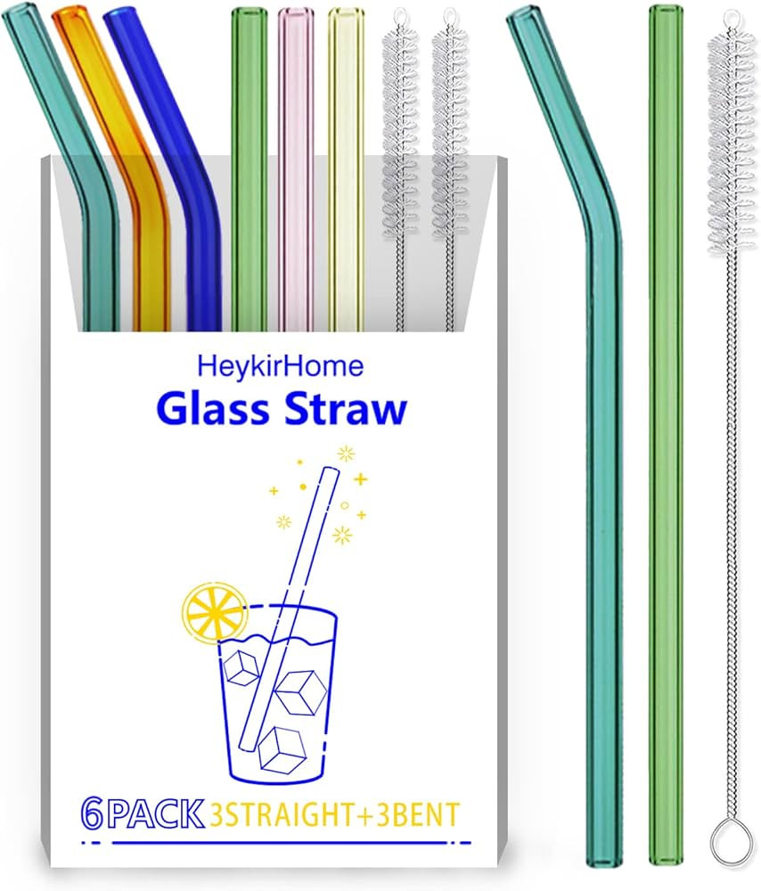 HeykirHome 6-Pack Reusable Glass Straw-Colorful, Size 8''x10 MM,Including 3 Straight and 3 Bent w... | Amazon (US)