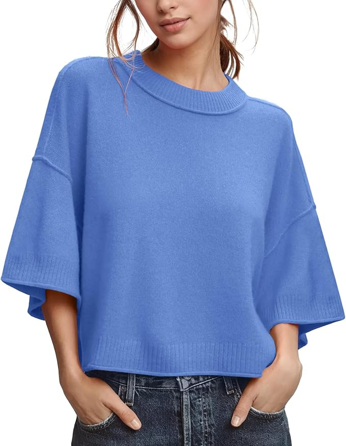 ZDC Women's Oversized Sweaters Summer 3/4 Sleeve Casual Cropped Tops Lightweight Loose Fit Knit P... | Amazon (US)