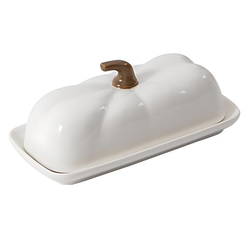 Ceramic Pumpkin Butter Dish with Lid - Halloween Kitchen Countertop Butter Keeper for 1 Stick, Cute Autumn & Thanksgiving Serveware Container, Microwave & Dishwasher Safe (White) | Amazon (US)
