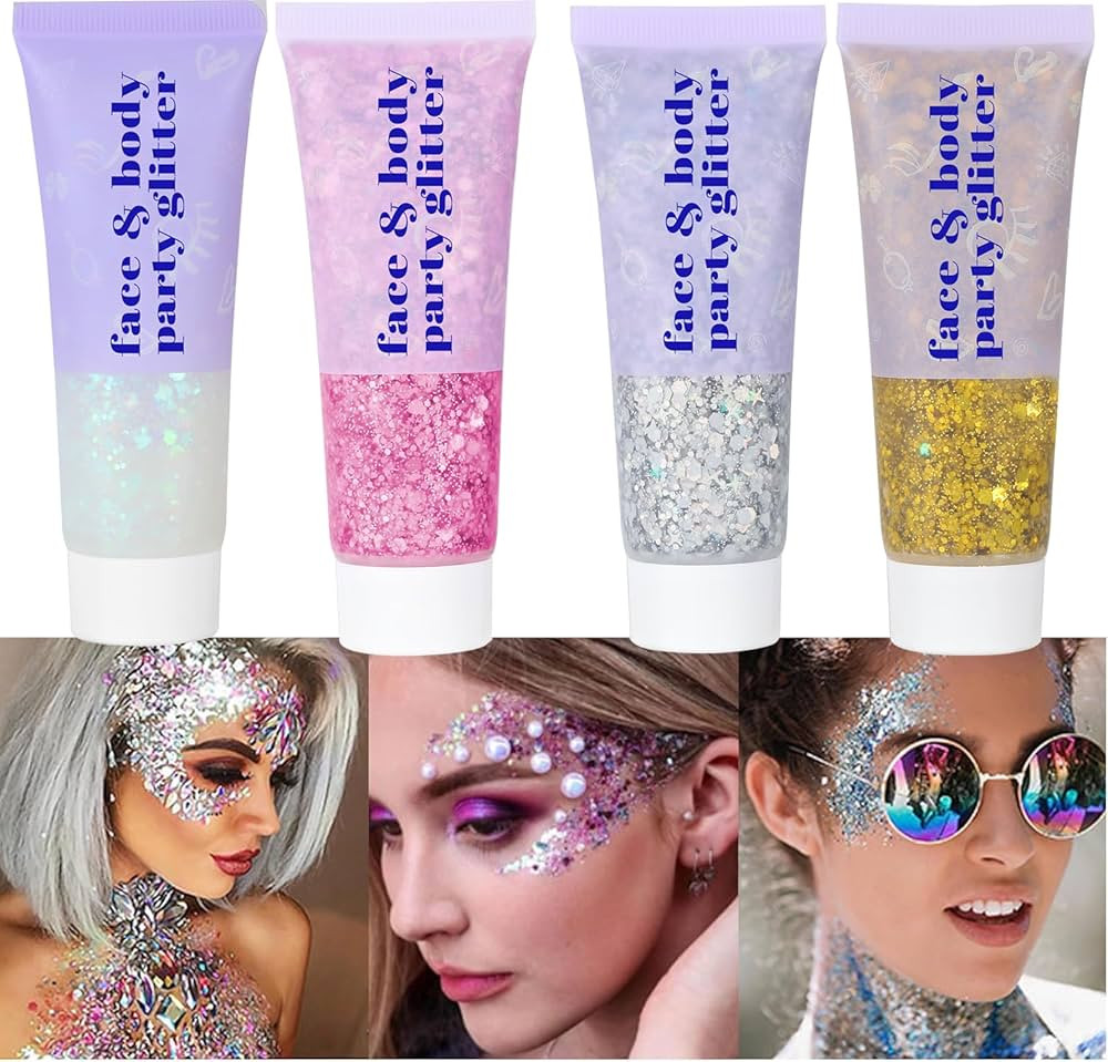 4 Colors Body Glitter Gel,Face Glitter Body Gel Singer Concerts Makeup,Sparkling Holographic Gel ... | Amazon (US)