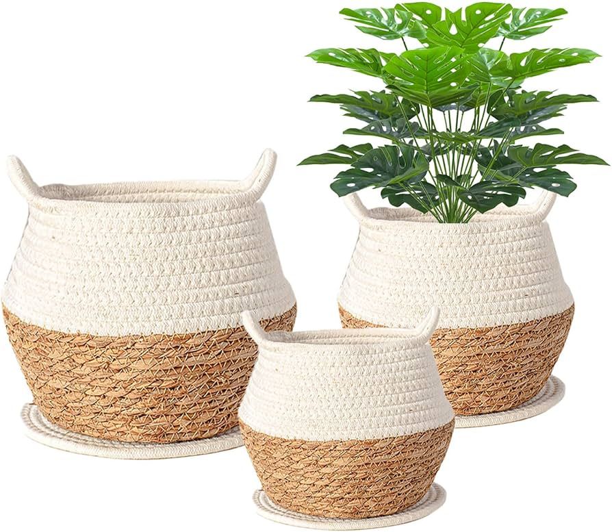 Jookeepoe 3 Pcs Seagrass Planter Basket for Indoor,Hand Woven Basket Planter,Natural Plant Basket... | Amazon (US)