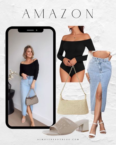 Amazon bodysuit, denim skirt, shoulder bag, off shoulder bodysuit 

#LTKfindsunder100 #LTKfindsunder50