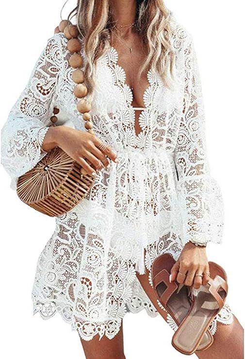 Women Sexy Bikini Cover Up Casual Hollow Out V-Neck Lace Floral Crochet Swimsuit Bathing Suit Tun... | Amazon (US)