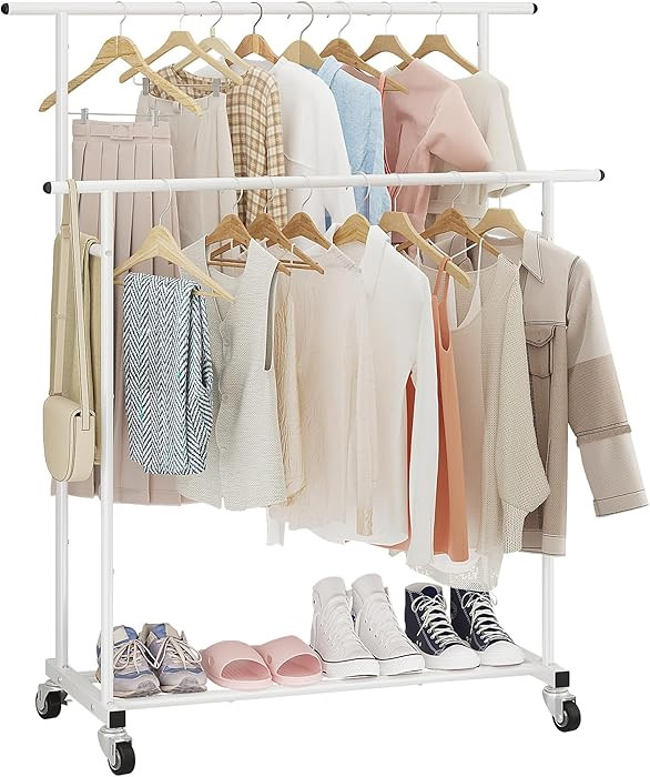 Calmootey Double Rod Clothing Garment Rack,Rolling Hanging Clothes Rack,Portable Clothes Organize... | Amazon (US)