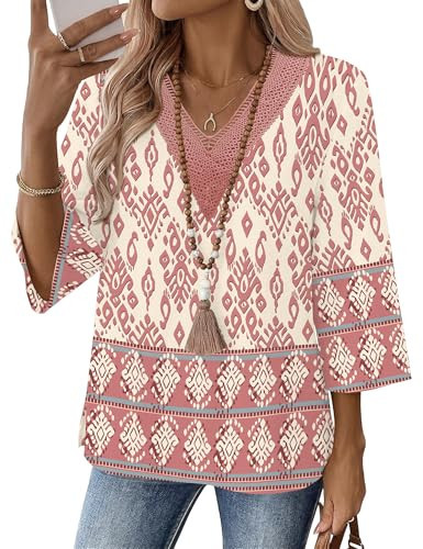 LOMON Women's Blouses Dressy Casual 3/4 Length Sleeve Boho Tops Bohemian Peasant Blouses for Women Boho Womens Clothing (Multicolor Pink,L) | Amazon (US)