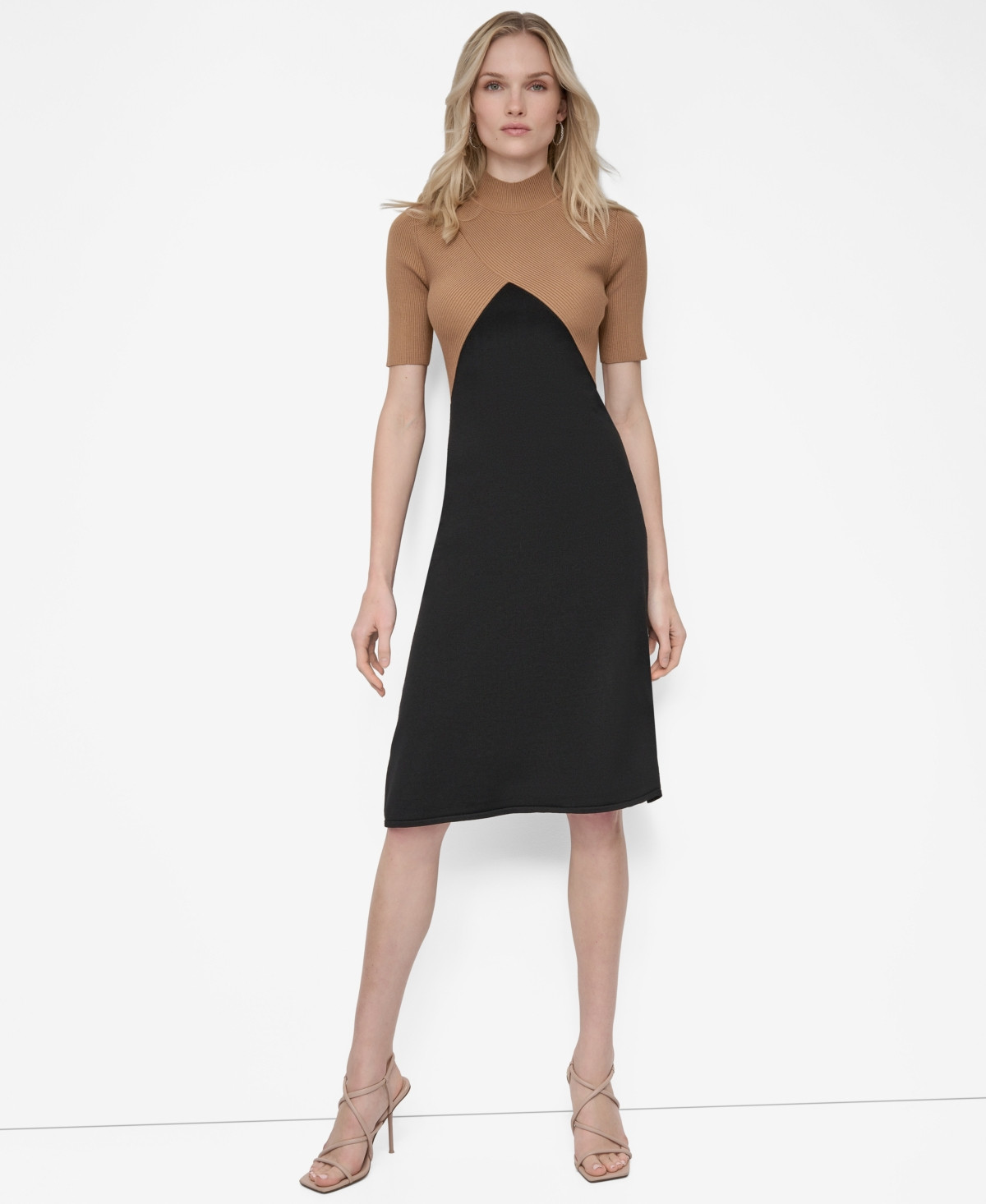 Dkny Petite Colorblock Sliced Short Sleeve Sweater Dress - Truffle/Black | Macy's