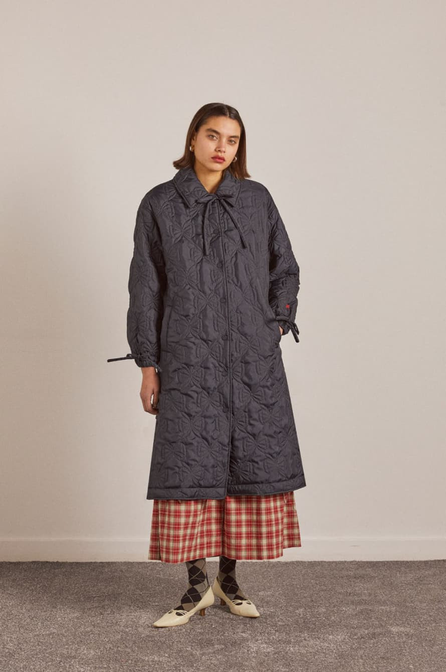 Damson Madder Aubrey Quilted Coat Black Bows - Trouva | Trouva (Global)