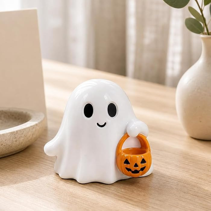 Halloween Ghost Figurine with Pumpkin Bucket, Resin Polished Cute Ghost Statue, Small Tabletop Ha... | Amazon (US)