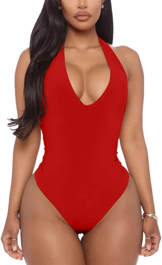 YMDUCH Women's Sexy Sleeveless Halter V Neck Backless Leotard Bodysuit Tops | Amazon (US)