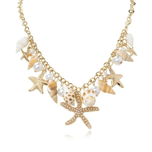 Seashell Necklace Layered Charm Starfish Necklace Stack Beach Wear for Women Boho Summer Accessories 14k Pearl Chain Surfer Jewelry Beachy Boho Outfits | Amazon (US)