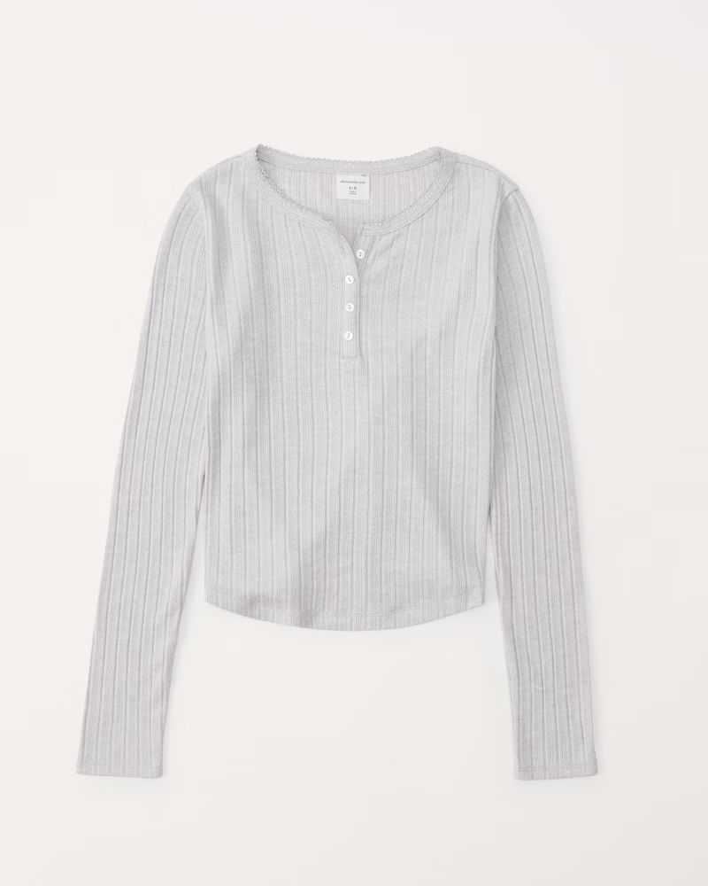 abercrombie kids girls long-sleeve pointelle henley tee in grey - size 7/8 | Abercrombie & Fitch (US)