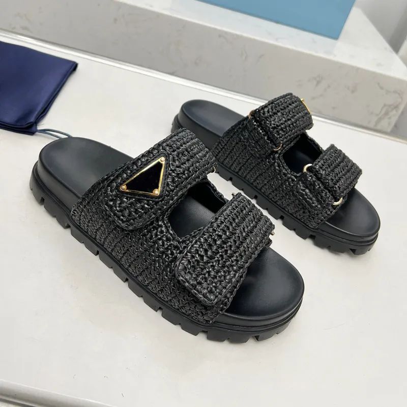 Womens Designer Slide Crochet Wedges Slides Black Woven Platform Sandal Straw Slipper Summer Two ... | DHGate
