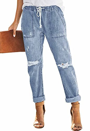 Metietila Women’s Casual Pull-on Distressed Stretch Jeans Elastic Waist Jean Light Indigo Denim Joggers Pants for Women Large | Amazon (US)
