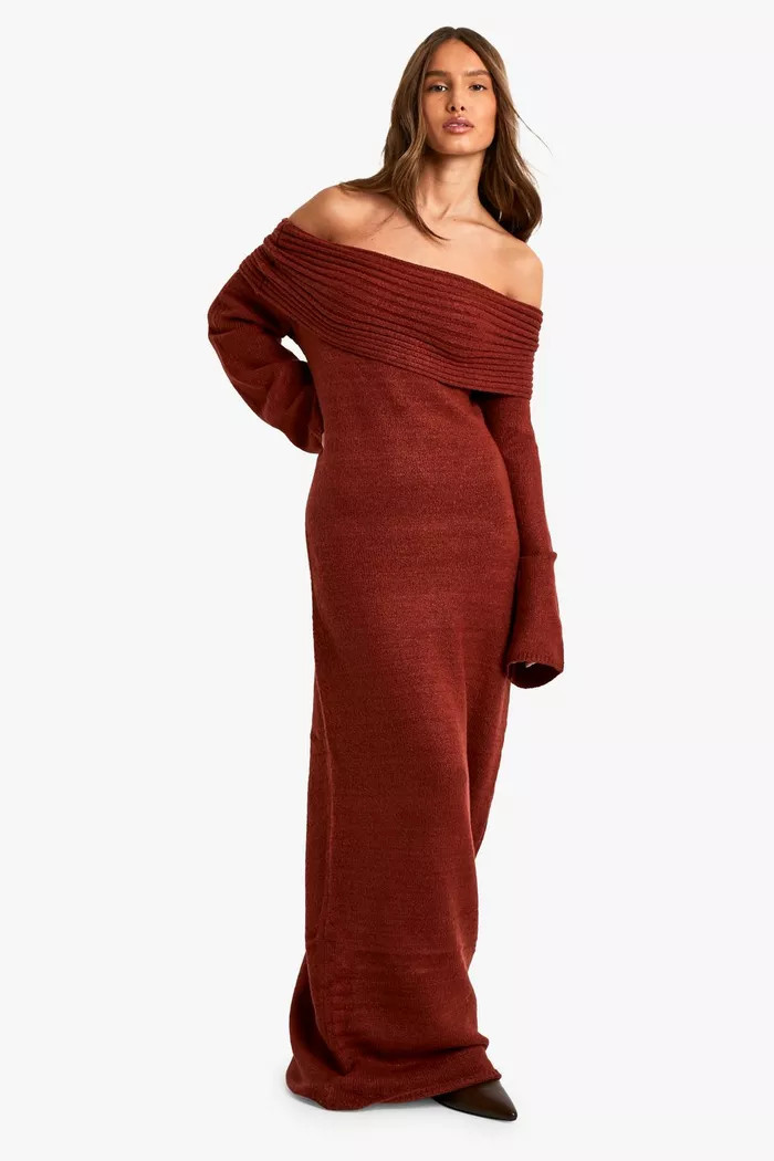 Premium Oversized Rib Bardot Neckline Soft Knit Jumper Dress | boohoo (US & Canada)