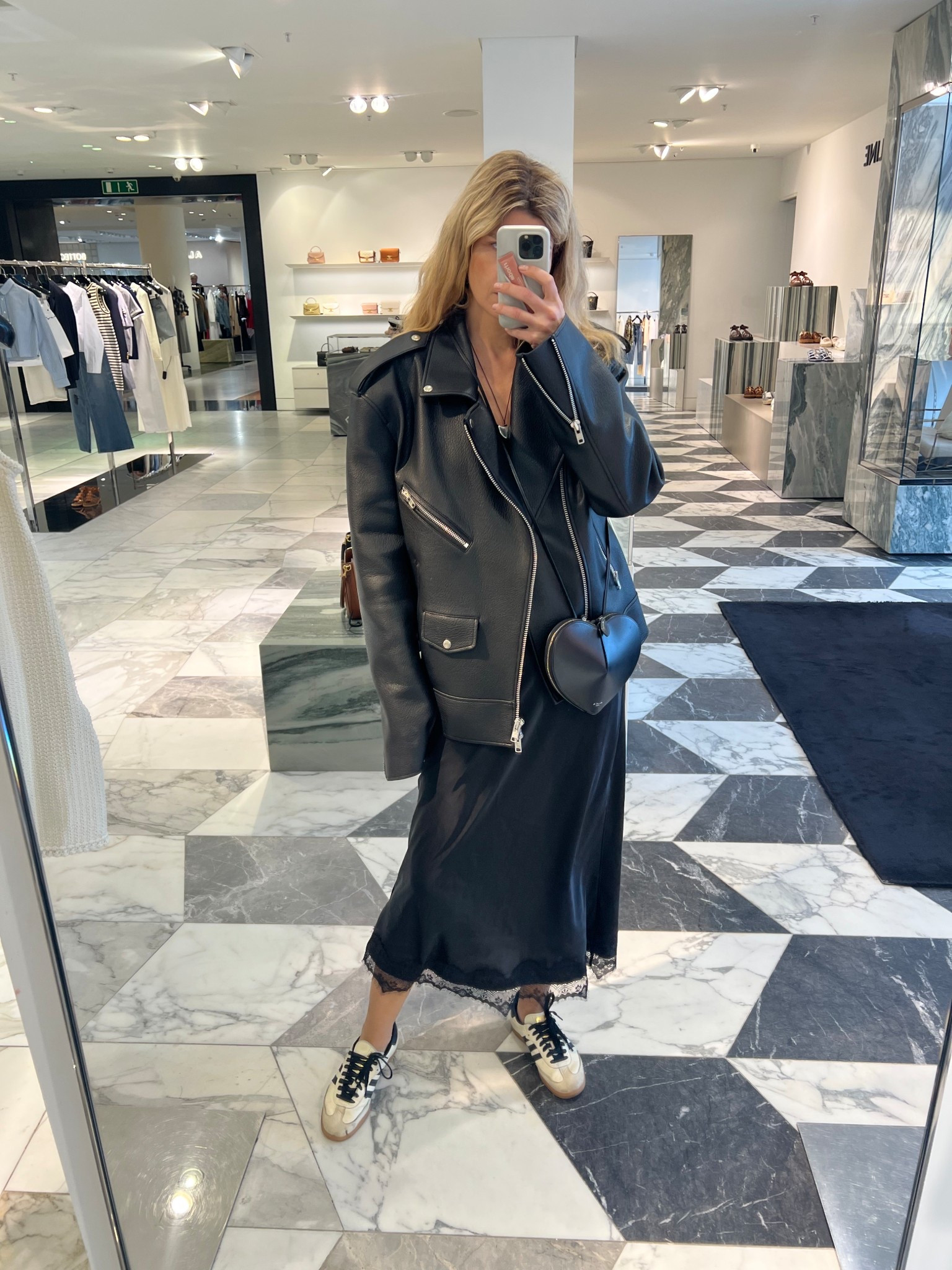 All black, oversized biker, alaia bag, heartbeat, adidas samba, slip skirt 

#LTKeurope #LTKspring #LTKuk