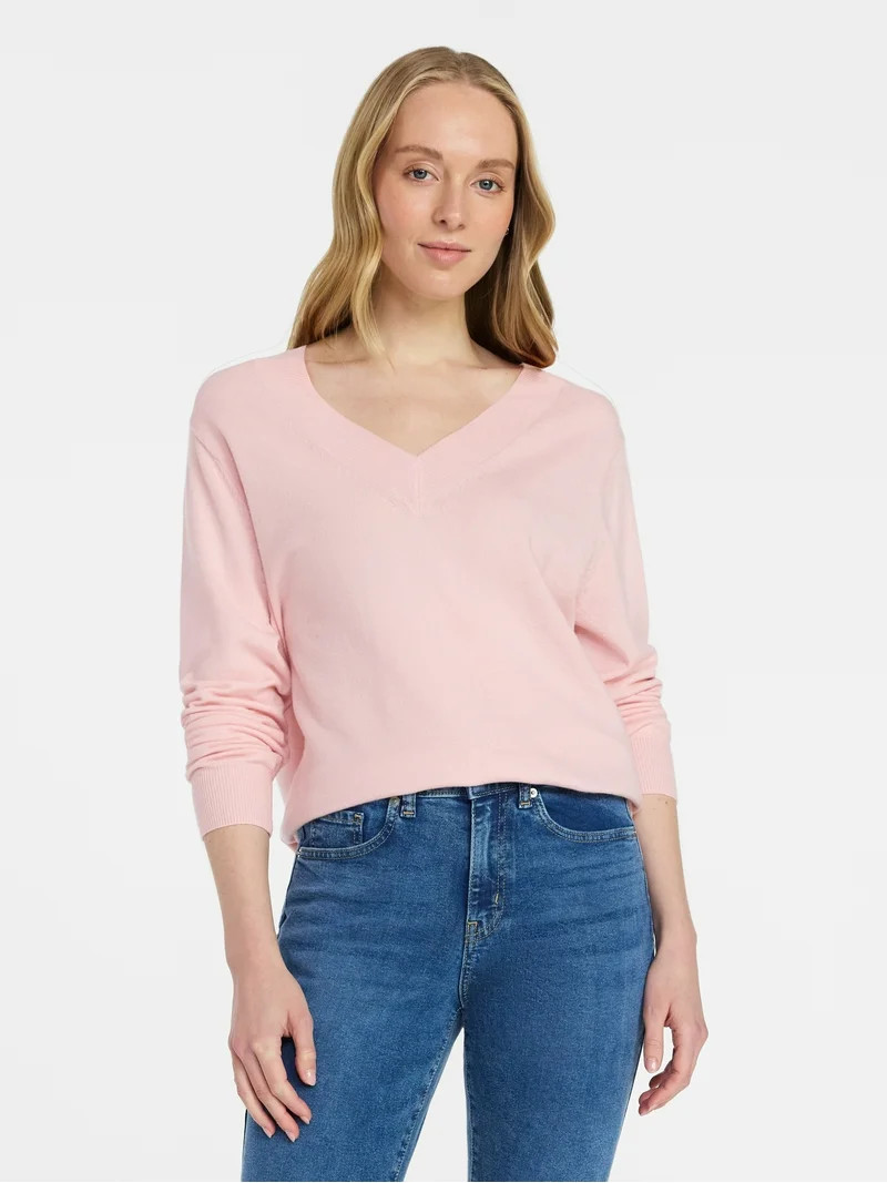 Time and Tru Women's V Neck Sweater, Lightweight, Sizes XS-XXXL | Walmart (US)