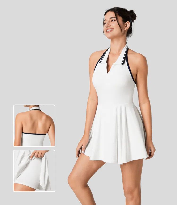 Halter Collared Backless 2-in-1 Color Block Flare Mini Tennis Dress | HALARA