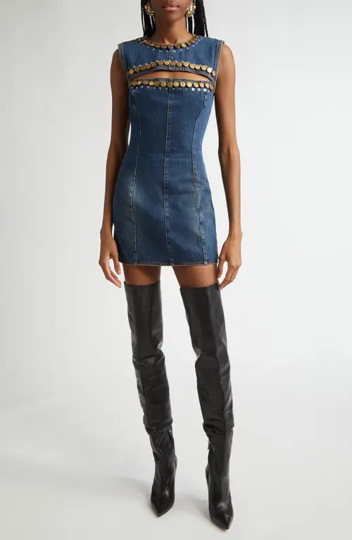 Area Crystal Button Studded Cutout Denim Minidress in Dark Blue at Nordstrom, Size 6 | Nordstrom