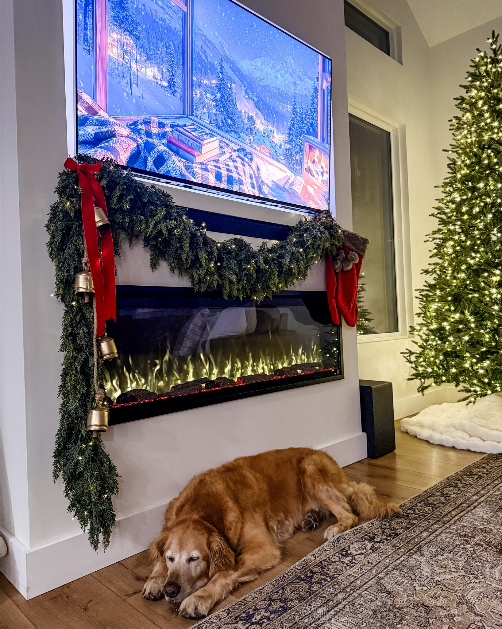 Keeping it simple this year… with Koda being cute & cozy 🐾✨

I used the 15ft twinkle lights on the 9ft garland & layered the top with a 6ft garland. Everything linked!

#christmas #holidaydecor #christmastree #christmasgarland #cozychristmas #holidayvibes #fireplacegarland