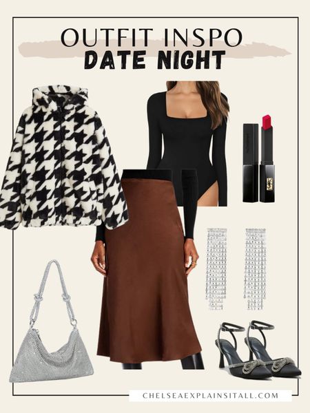 Loving this date night look. Mixing a black bodysuit with a silky brown midi skirt for a sleek look. Paired with a pretty sparkly purse, dangling formal earrings, heels with a bow detail and of course a pop of red lipstick! 

Date night outfit, fall outfit, midi skirt, winter jacket, houndstooth, dressy outfit 

#LTKfindsunder100 #LTKover40 #LTKitbag