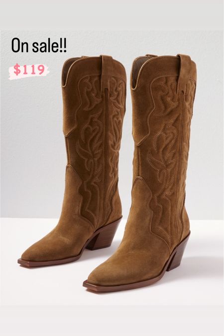 These western boots by Dolce Vita are incredibly beautiful. crafted in soft suede with an angled block heel, pointed toe, and embroidered detailing. Pair with a dress, skirt, or skinny jeans.

On sale for a great price. Sizes won’t last long. Evereve boots 

#LTKstyletip #LTKshoecrush #LTKsalealert
