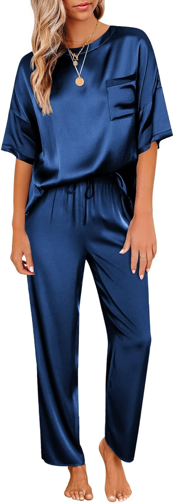 Ekouaer Women's Satin Silky Pajama Set Short Sleeve T-shirt with Long Pajama Pant Se... | Amazon (US)
