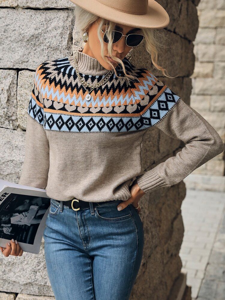 Fair Isle Pattern Raglan Sleeve Mock Neck Sweater | SHEIN