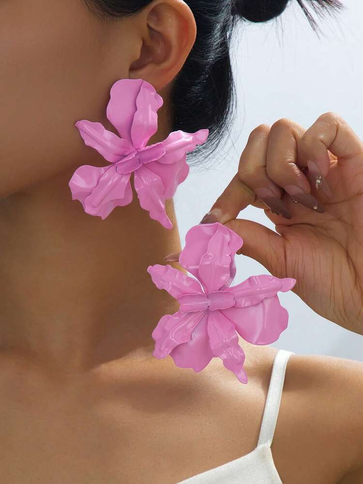 1 Pair Glossy Pink 3D Flower Asymmetric Earrings, Designed For Women, Perfect Gift For Holidays A... | SHEIN