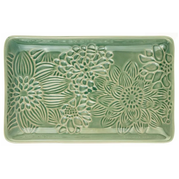Home Décor Collection Floral Embossed Ceramic Decorative Tray in Jade Glaze, 4.75" x 7.5", Green | Walmart (US)