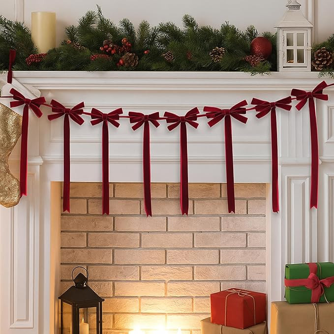 VitalCozy 1 Pack 59 Inch Christmas Velvet Bow Garland Pre Strung Bow in Wine Red Garland Banner w... | Amazon (US)