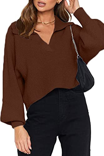 CHYRII Women's Sexy Polo V Neck Puff Long Sleeve Sweater Casual Loose Knitted Sweaters Tops Coffee S | Amazon (US)