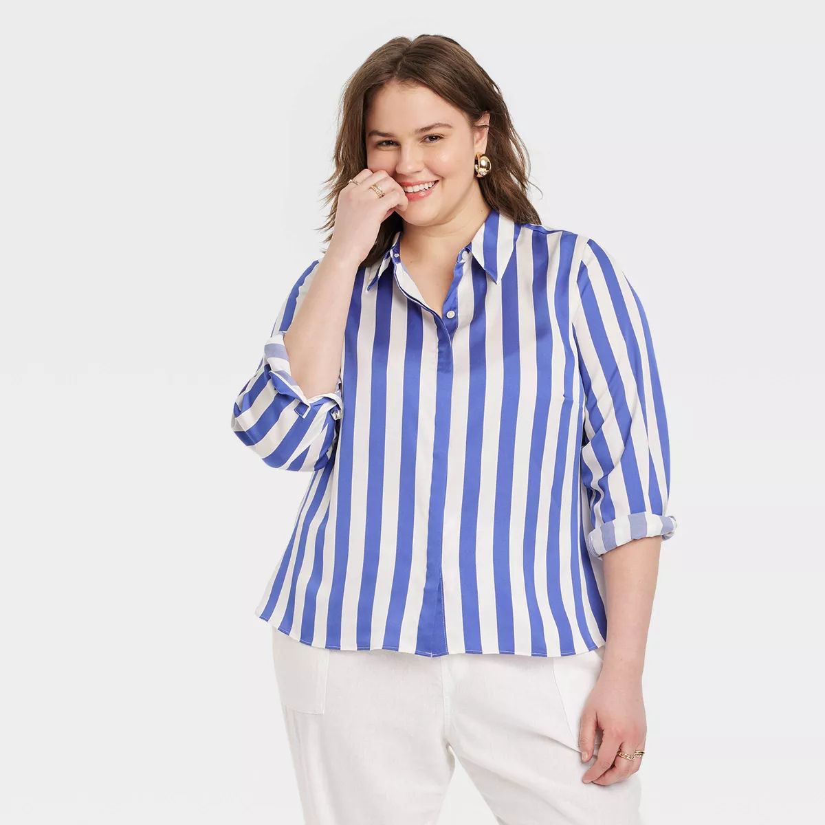 Women's Slim Fit Long Sleeve Satin Button-Down Shirt - A New Day™ Blue/White Striped XXL | Target