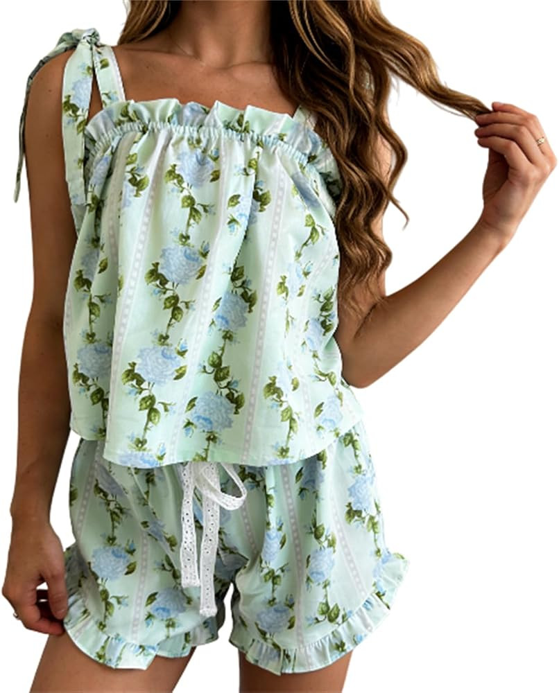 Thopavenoir Women Floral Tie Shoulder Tank Top Shorts Set 2 Piece Casual Pajamas Set Sleevelss Ca... | Amazon (US)