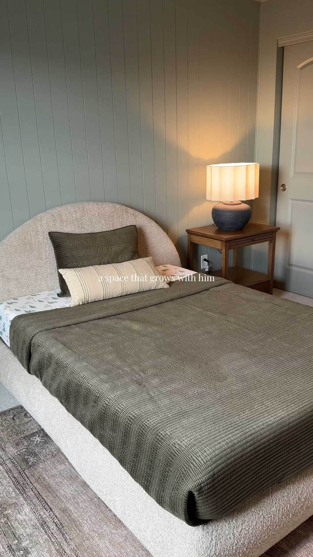 A space that grows with him. 

I chose affordable, quality pieces for his room that are functional and can stay for years. He can still display his favorite characters or toys now, and when he’s ready for a change, we won’t need to replace every piece of furniture.

Paint : Sherman Williams Color Match to Farrow & balls “Pigeon"
Bed is from SoftFrame Designs 
@walmart @wayfair @target @amazon 