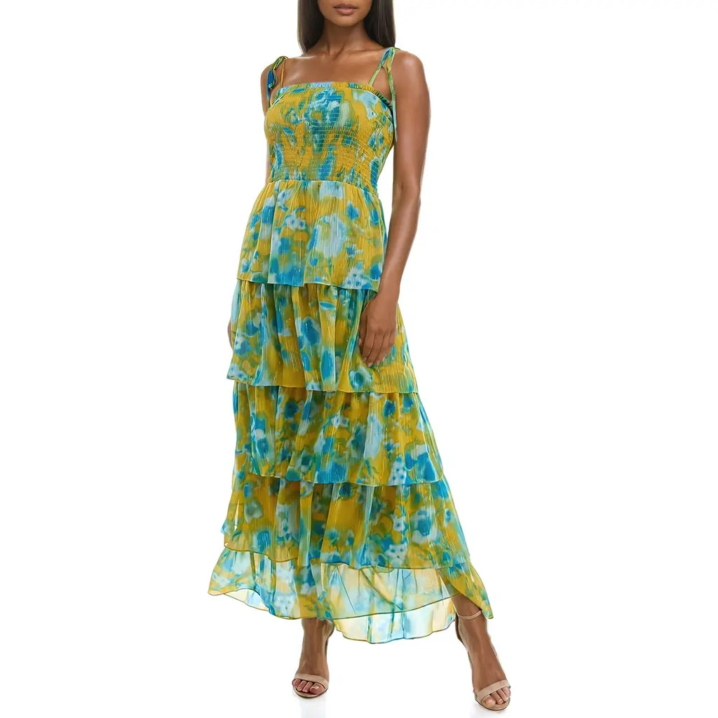Socialite Floral Tiered Maxi Sundress in Yellow/Blue at Nordstrom Rack, Size X-Large | Nordstrom Rack