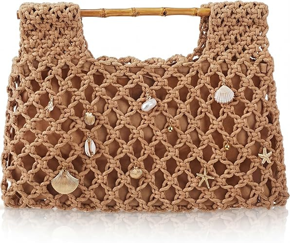 Women Crochet Woven Mesh Handbag Straw Seaside Beach Bag Vacation Summer Tote Purse Wedding Party... | Amazon (US)