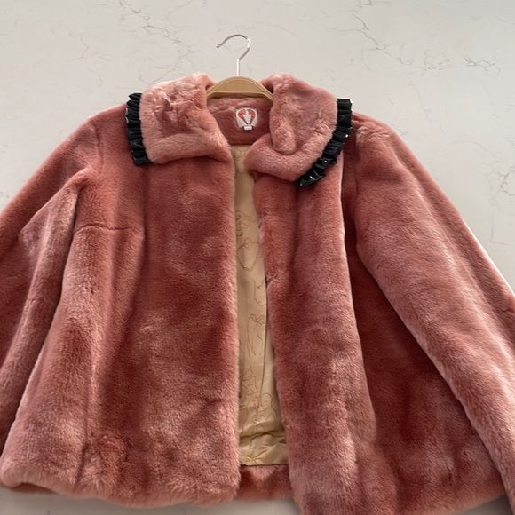 Pink fur coat with leather black ruffles, very soft | Poshmark
