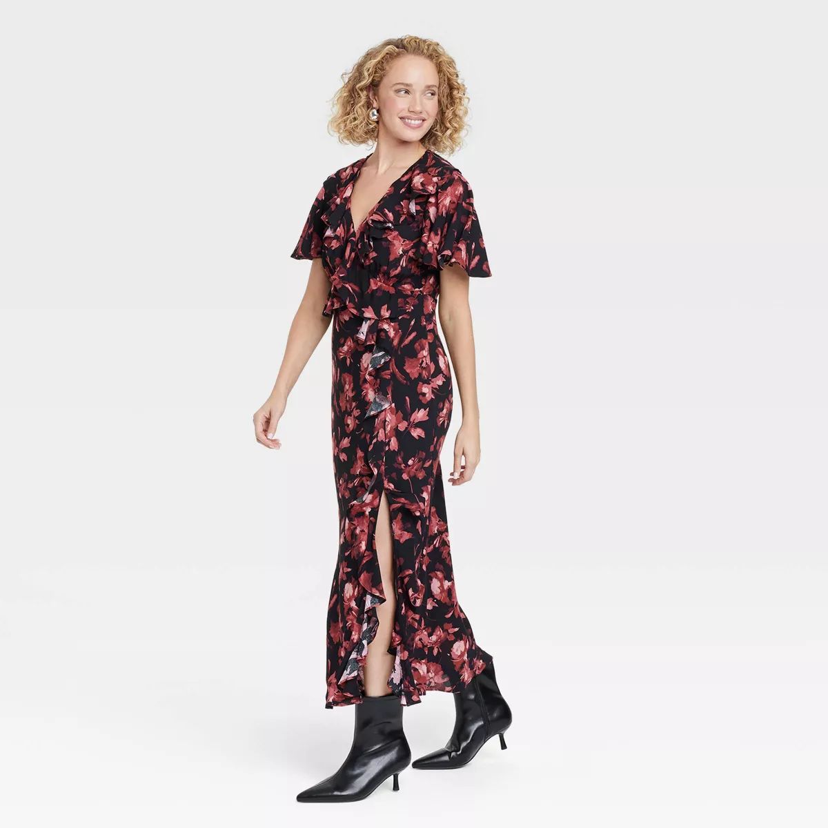 Women's Ruffle Flounce Short Sleeve Maxi Dress - A New Day™ Black/Red Floral | Target