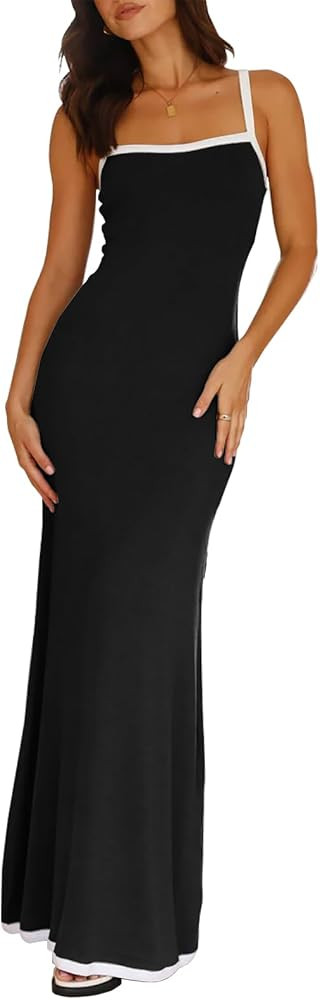 Women's Spaghetti Straps 2024 Sleeveless Square Neck Sexy Bodycon Maxi Dress Ribbed Party Cocktai... | Amazon (US)