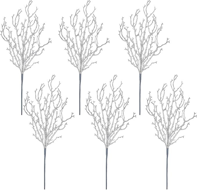 12 Silver Glitter Branches Floral Twig Spray Artificial Embellishing Stems Glitzy Sparkle for Chr... | Amazon (US)