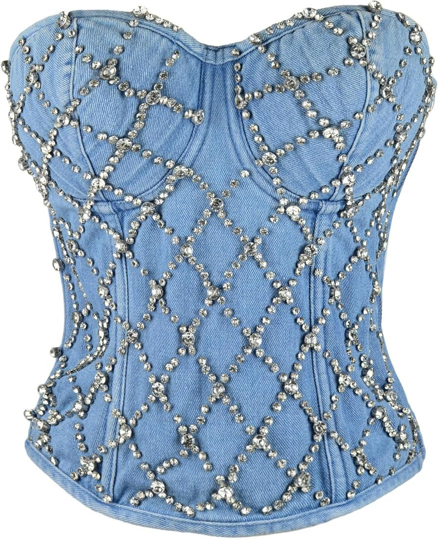 ELLACCI Women's Denim Rhinestone Corset Top Sexy Club Party Jean Bodysuit | Amazon (US)