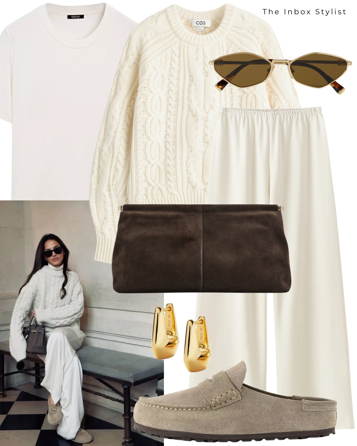 While it’s still grey outside, cosy up with a cable knit jumper and silk trousers 

Including white t-shirt, cream cable knit jumper, white silk trousers, gold frame sunglasses, brown suede clutch bag, gold huggie earrings, light brown Birkenstock  

#LTKstyletip #LTKwinter #LTKuk
