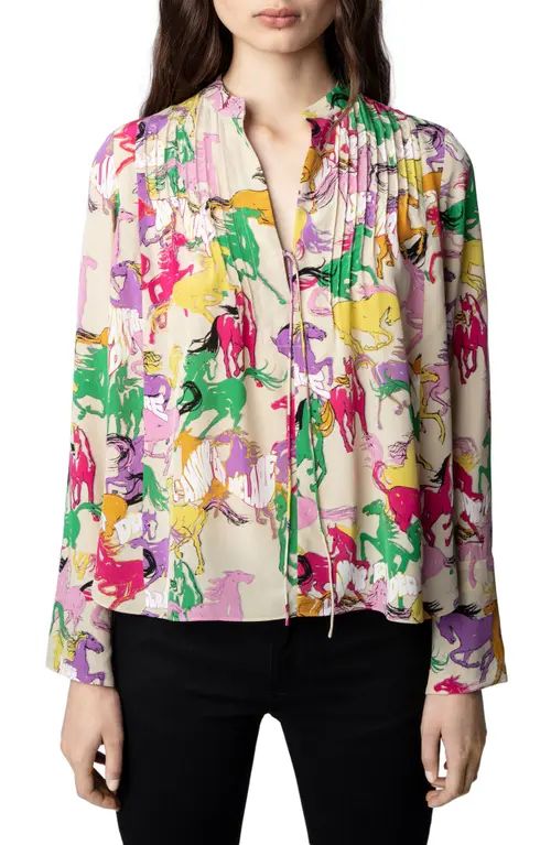 Zadig & Voltaire Taika Horse Print Bell Sleeve Silk Blouse in Mastic at Nordstrom, Size Small Regula | Nordstrom