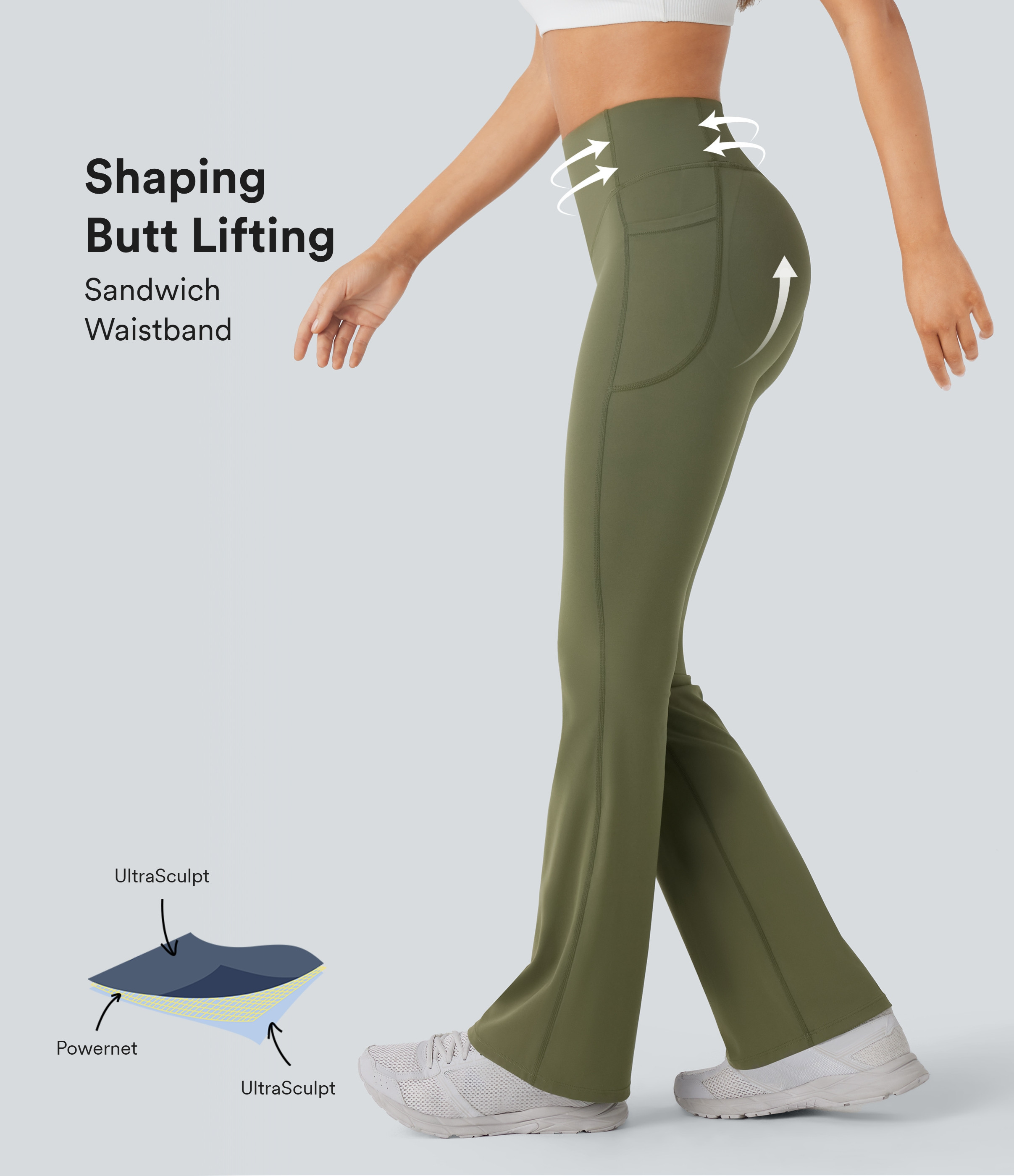 Halara Halara UltraSculpt™ SoCinched High Waisted Scrunch Butt Lifting Tummy Control Pocket Shaping Yoga Bootcut Leggings - Grass Grey Green - M(tall) | HALARA